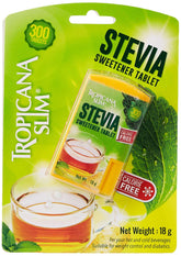 Tropicana Slim stevia tablets sweetener pack 300 tablets calorie free showing tea cup and green stevia leaves